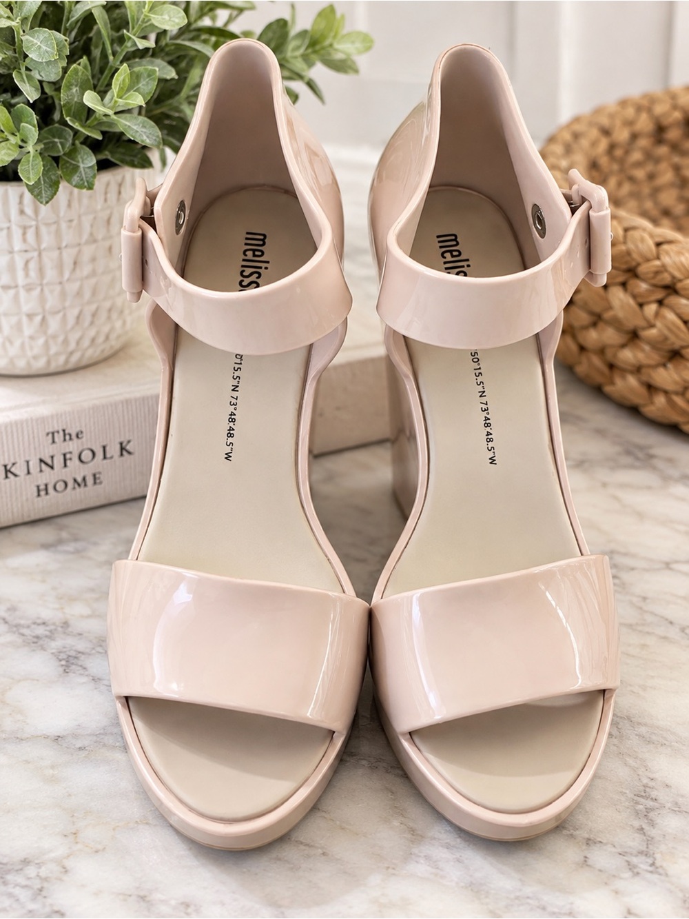 Melissa Nude Patent Wedge Sandals with Ankle Buckle